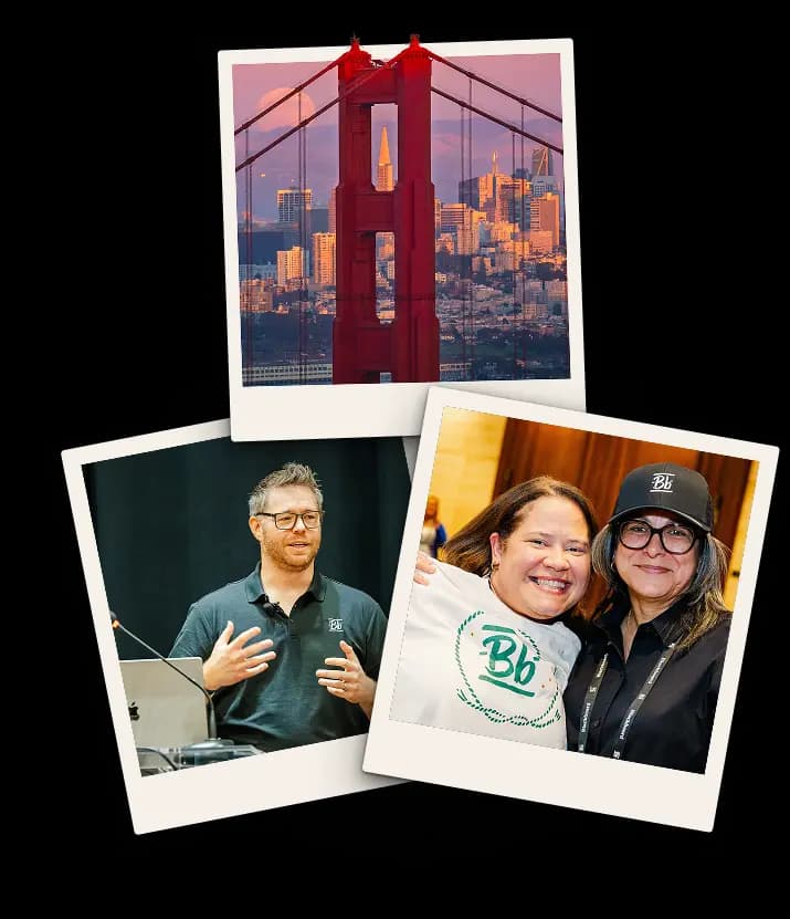Collage of photos showing Blackboard employees and customers at Building Blackboard Together and the Golden Gate Bridge