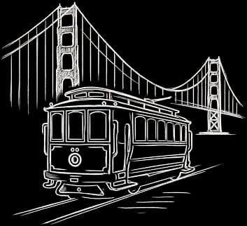 Chalk drawing of a cable car in the foreground and the Golden Gate bridge in the background